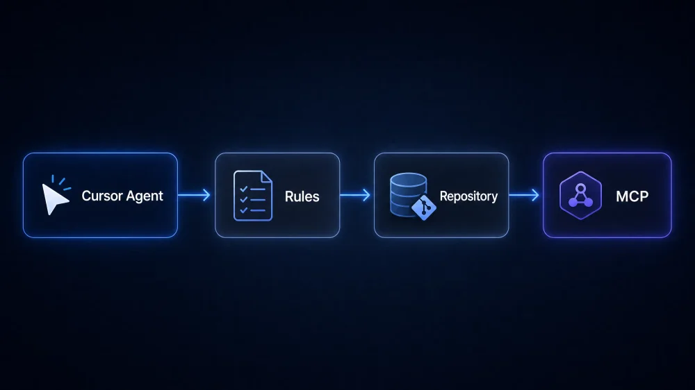 Diagram showing how Cursor Agent reads Rules, searches repositories and generates code.